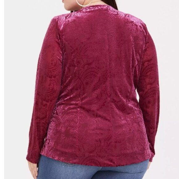 Torrid Brand Women's Size 3 Burgundy Beet Red Burn Out Velvet Blazer Open Front - Picture 2 of 6